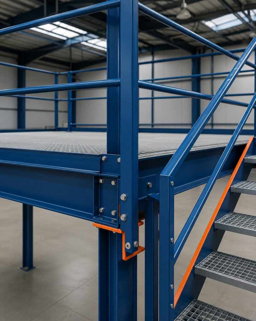 Detalle estructural de entreplanta industrial: barandilla de seguridad, escalera de acceso y piso en tramex metálico - LOGICORP