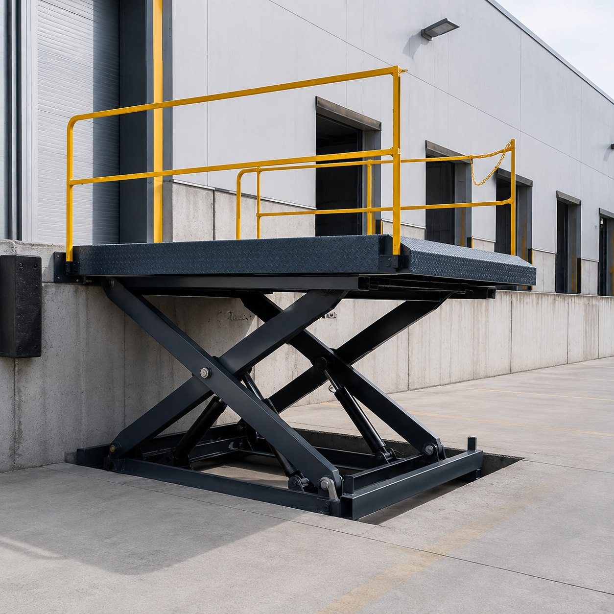 Dock lift instalado en andén de carga, vista en ángulo elevado