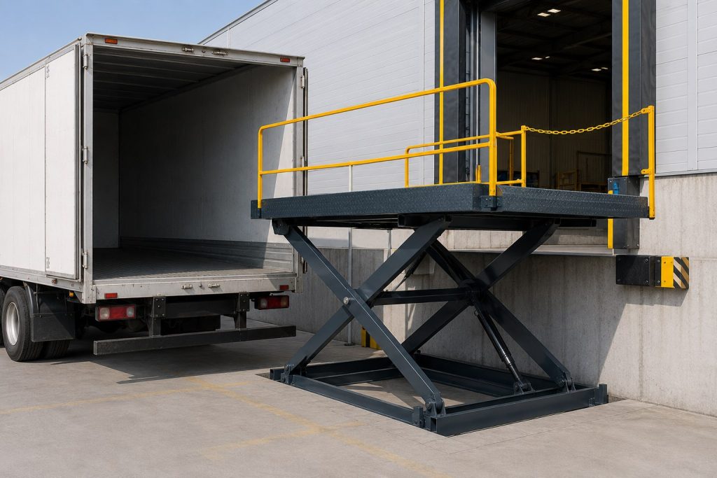 Dock lift extendido conectando con la parte trasera de un camión, vista lateral