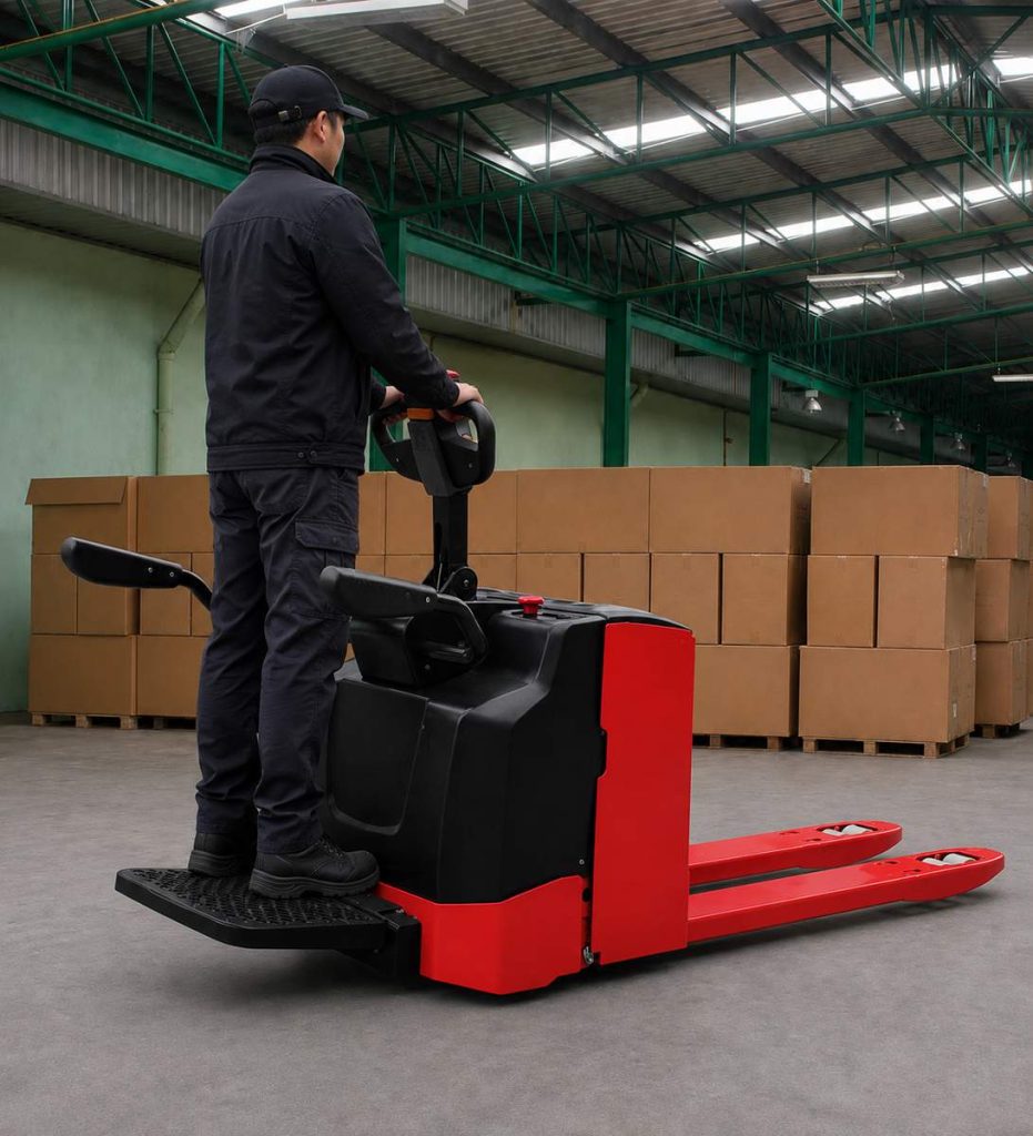 Operador utilizando transpaleta eléctrica en almacén con cajas apiladas