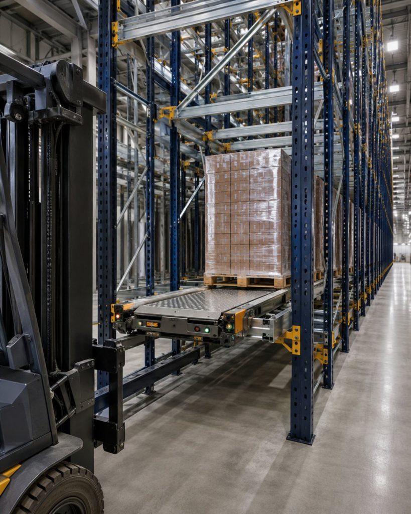 Sistema de racking satelital Maxipacker con carro shuttle motorizado insertando un pallet en un canal de almacenamiento de alta densidad