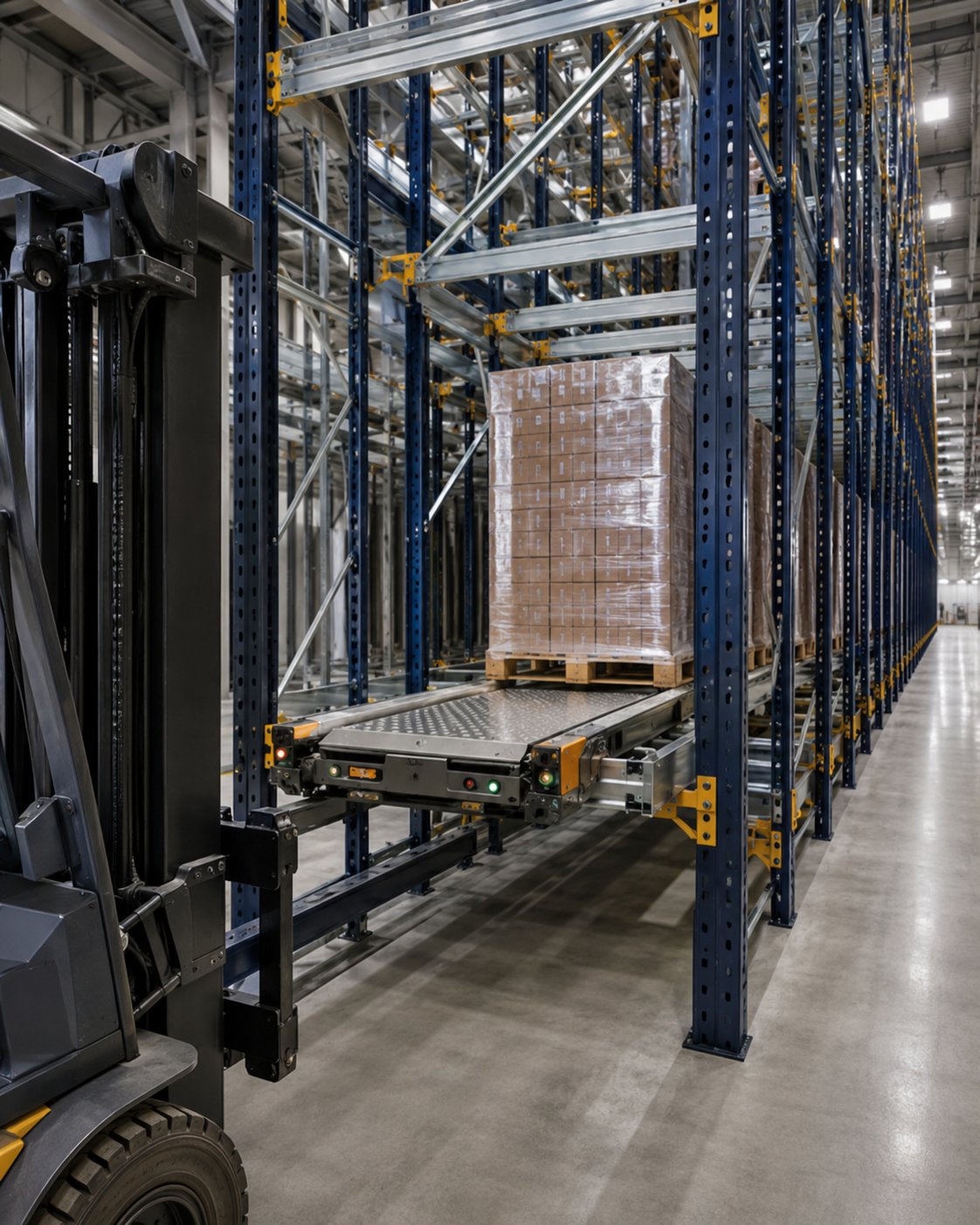 Sistema de racking satelital Maxipacker con carro shuttle motorizado insertando un pallet en un canal de almacenamiento de alta densidad