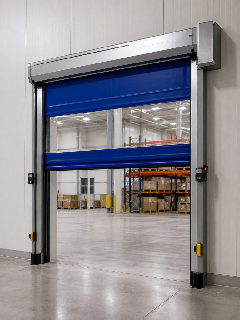 Puerta de apertura rápida en posición semi-abierta, vista en ángulo, en almacén logístico