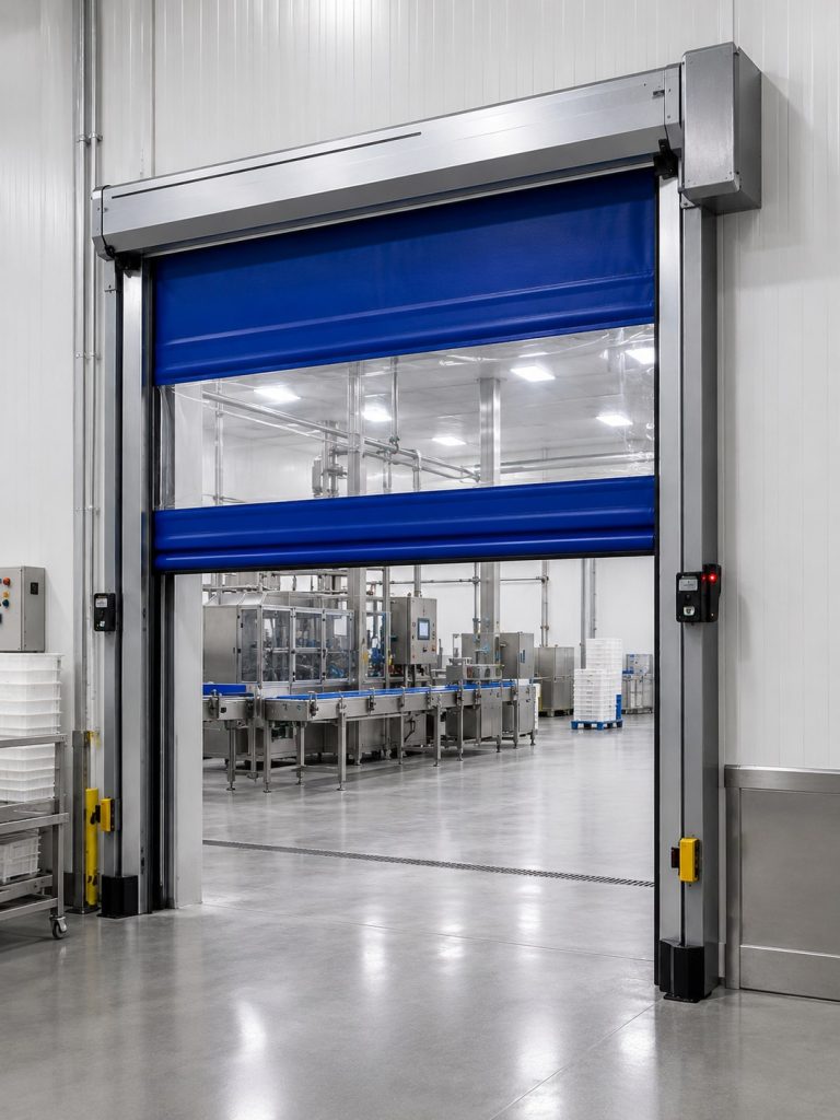 Puerta de apertura rápida abierta, vista en ángulo, en acceso interno de planta industrial