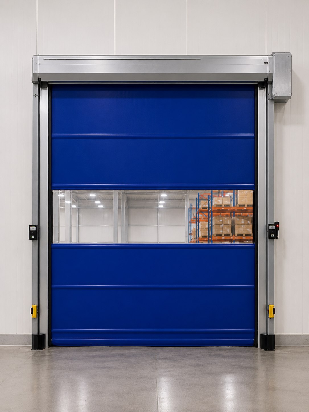 Puerta de apertura rápida cerrada, vista frontal, en acceso interno de almacén