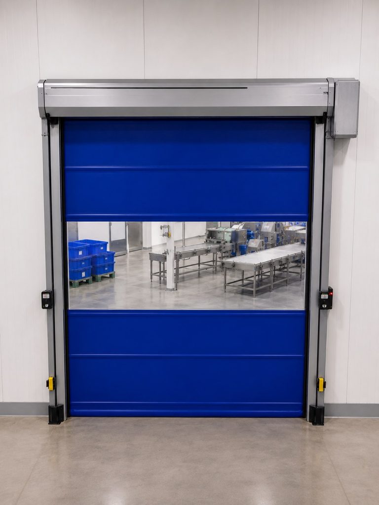 Puerta de apertura rápida cerrada, vista frontal, en acceso interno de planta industrial