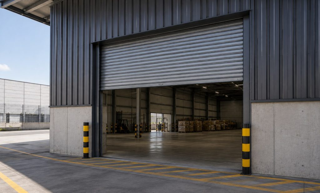 Puerta enrollable industrial en acceso vehicular con operación de carga en almacén