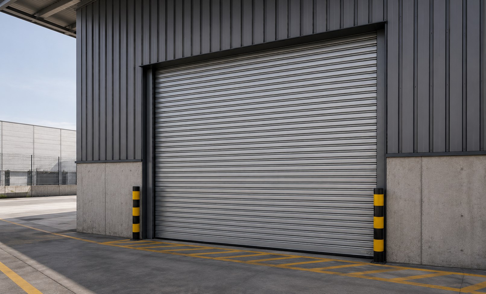 Puerta enrollable industrial, vista frontal en acceso de almacén