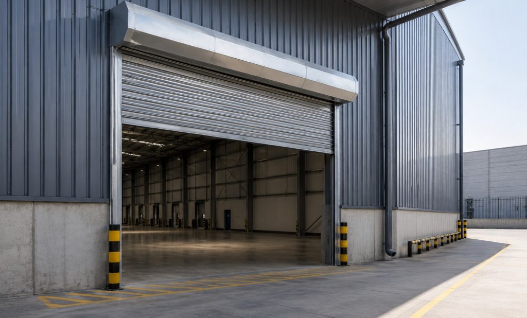 Acceso vehicular de almacén con puerta enrollable industrial abierta