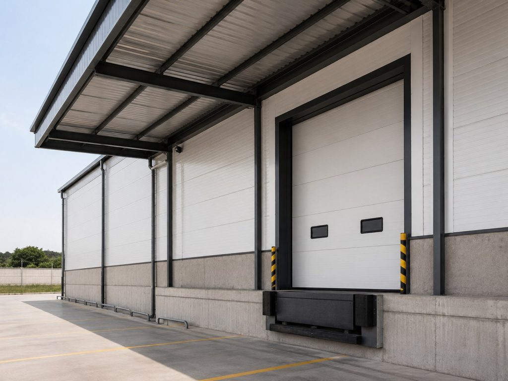 Andén de carga con puerta seccional industrial instalada, vista general