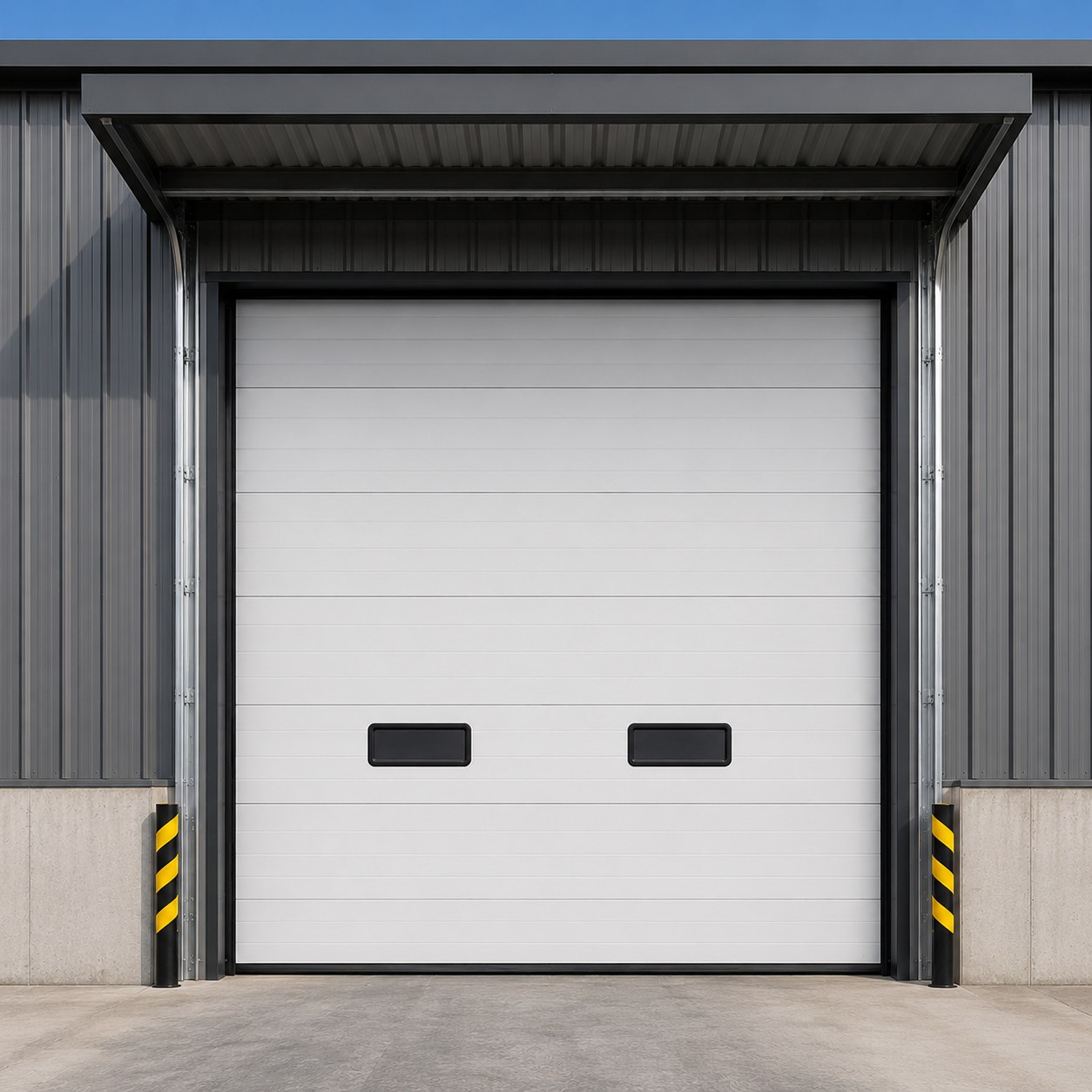 Puerta seccional industrial, vista frontal exterior en acceso de andén