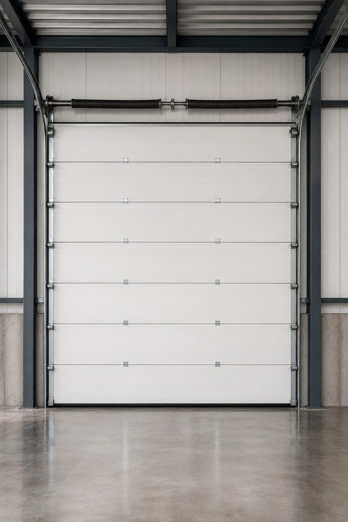 Puerta seccional industrial cerrada, vista frontal desde el interior del almacén